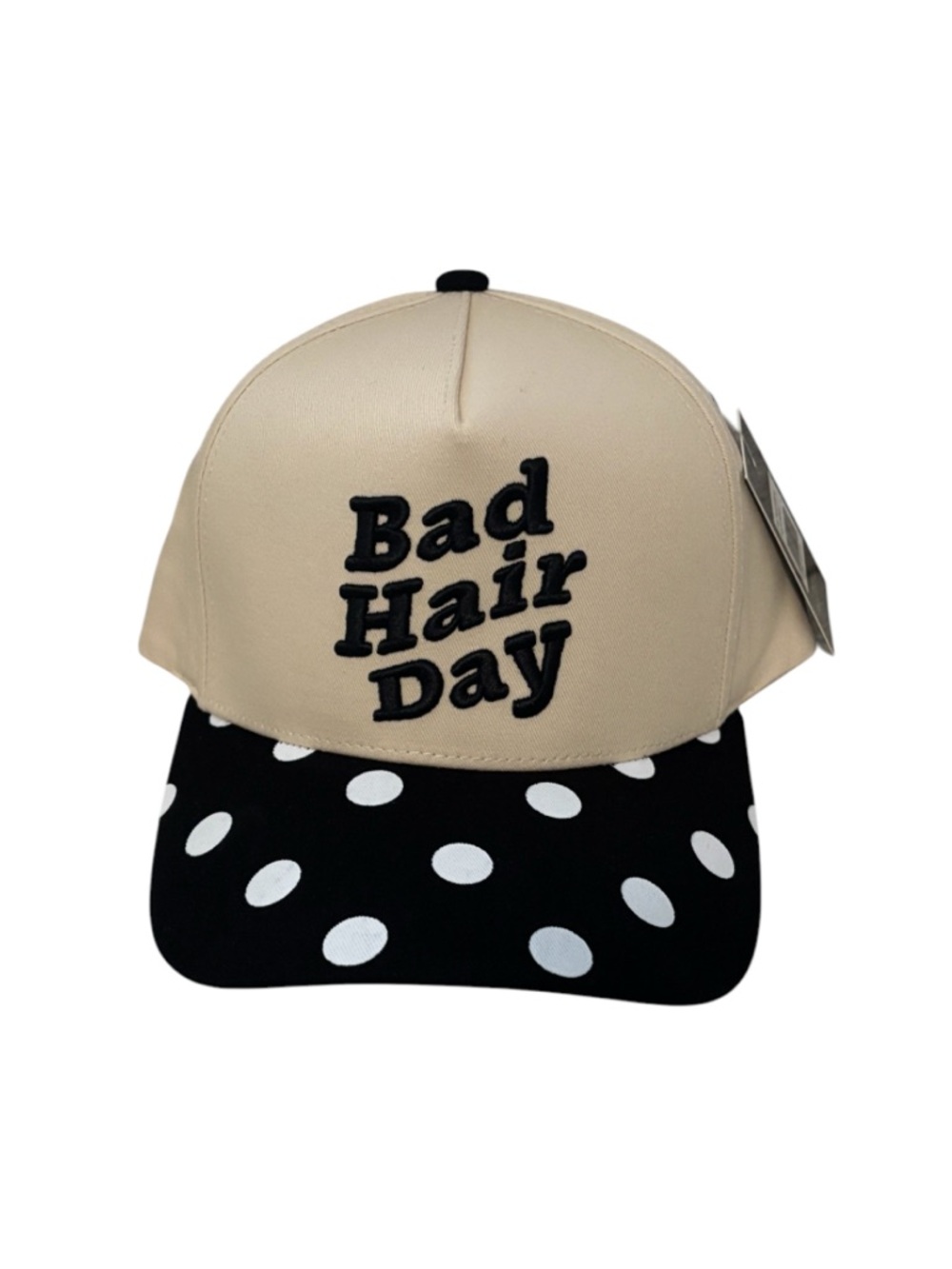 "Bad Hair Day" Beige and Black Polka Dot Cap